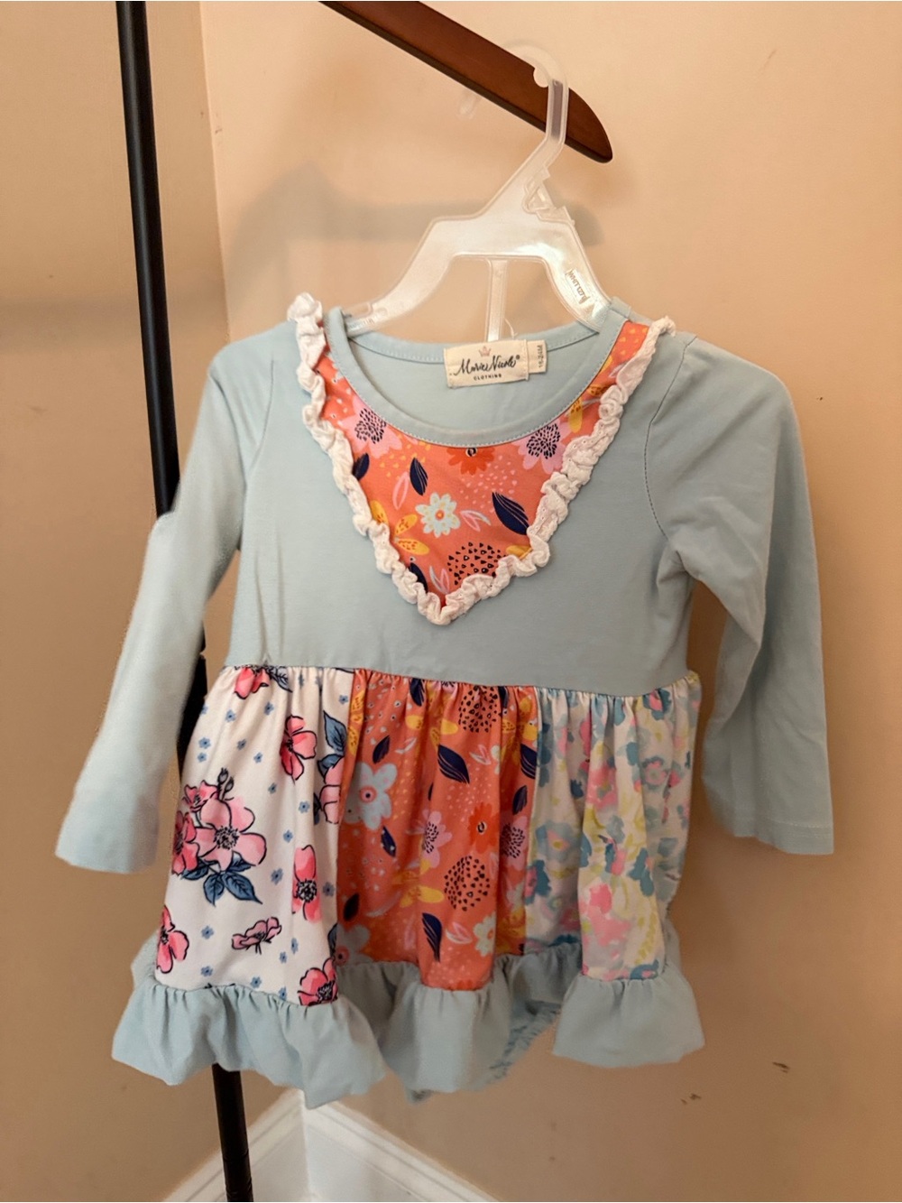 Marie Nicole Girls' Light Blue Floral Patchwork Long-Sleeve Dress